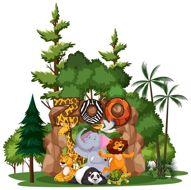 Animal selvagem ou grupo de animais do zoológico com elementos da natureza em fundo branco