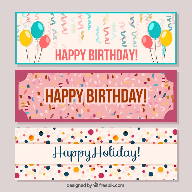 Vetor grátis aniversário banners e balões com confetes