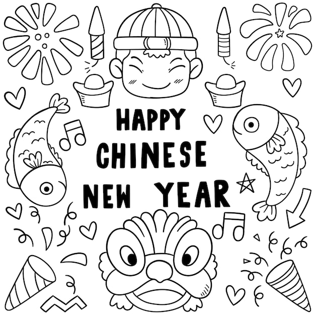 Ano novo chinês com estilo doodle de ícone