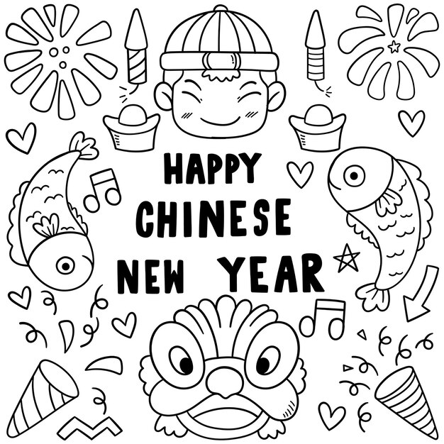 Ano novo chinês com estilo doodle de ícone