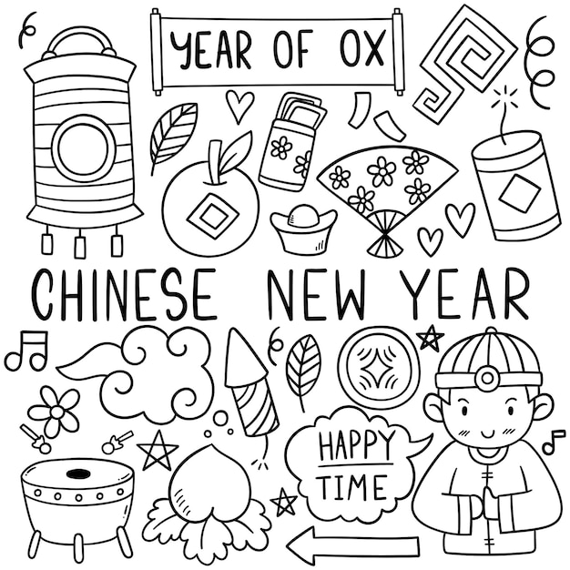 Ano novo chinês com estilo doodle de ícone