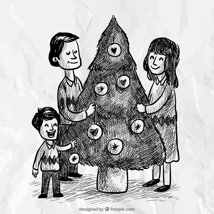 Vetor grátis antecedentes do esboço cena de família com árvore de natal