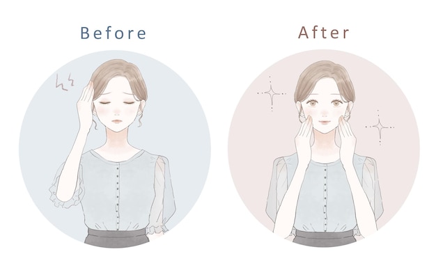 Antes e depois de uma mulher com dor de cabeça. em fundo branco.