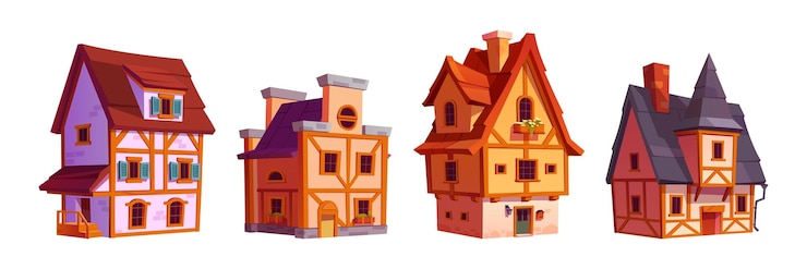 Vetor grátis antigas casas de rua da cidade tradicional da alemanha conjunto de ilustração vetorial de desenhos animados de edifícios de pedra da cidade medieval com fachwerk de madeira casas de enxaimel com chaminé em portas e janelas de telhado