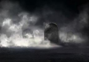 Antigo cemitério à noite vector realista com lápides inclinadas cobertas de névoa espessa na escuridão illust