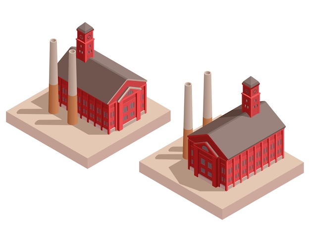 Antigo conjunto isométrico de edifícios industriais de fábrica de tijolos vermelhos isolado ilustração vetorial