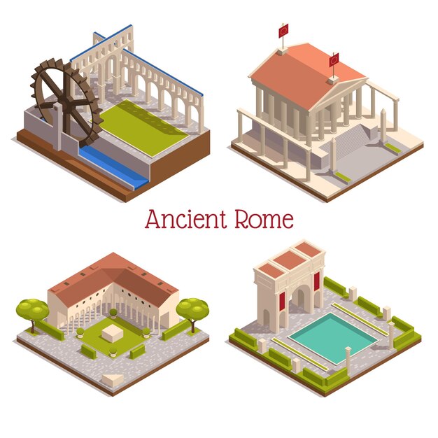 Antigos marcos de Roma 4 composição isométrica com fórum panteão arco triunfal roda de moinho de água de madeira aqueduto ilustração