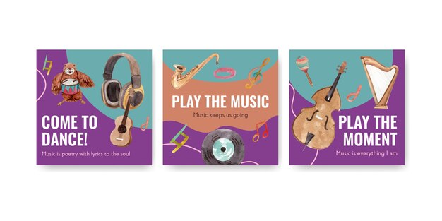 Anuncie modelo com design de conceito de festival de música para anúncios e ilustração vetorial aquarela de marketing