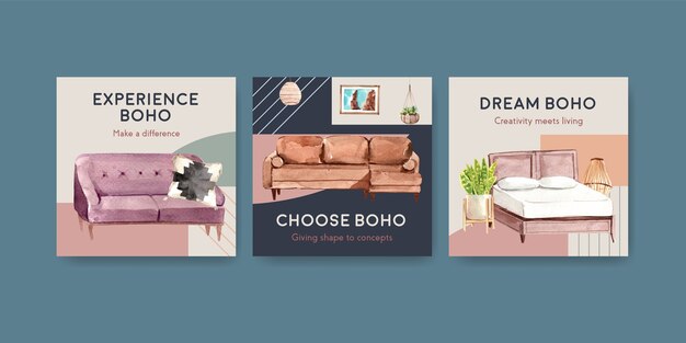 Anuncie modelo com design de conceito de móveis boho para ilustração de aquarela de marketing