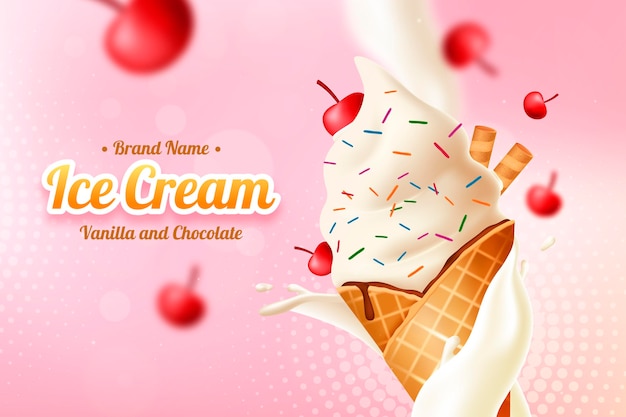 Anúncio realista de sorvete de baunilha e chocolate