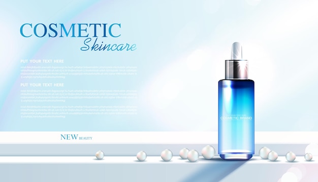 Anúncios de cosméticos ou produtos para a pele com banner de garrafa para folhas e pérolas de produtos de beleza