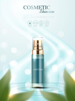 Anúncios de produtos de cosméticos para a pele ou essência cosmética com banner de garrafa para produtos de beleza com verde suave
