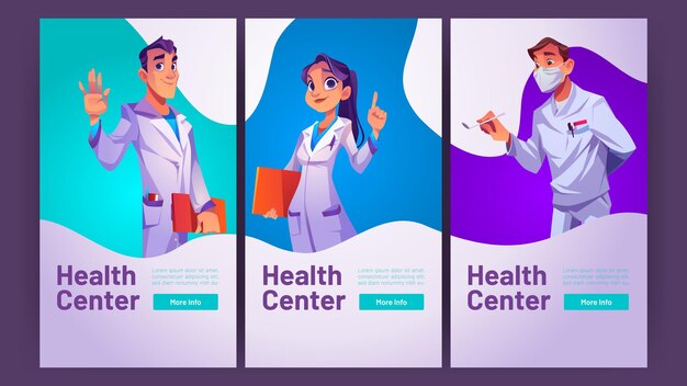 Anúncios médicos do centro de saúde web banners serviço de consulta on-line Médico acenando com a mão convida no hospital Medicina consulta clínica on-line fundo dos desenhos animados Aplicativo móvel vetorial Páginas de tela a bordo do aplicativo móvel