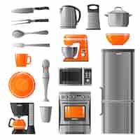 Vetor grátis aparelhos e utensílios de cozinha conjunto de ícones