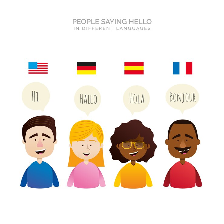 Vetor grátis apartamento pessoas com bolhas do discurso em diferentes idiomas