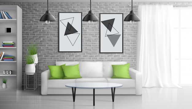 Apartamento sala de estar, sala de estar de escritório aberto interior realista com mesa de café perto do sofá, pinturas na parede de tijolo, estantes, pendurado no teto ilustração de lâmpadas vintage