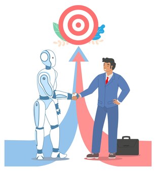 Aperto de mão do empresário robô máquina, ilustração vetorial. ai e a cooperação humana futura para um objetivo comercial comum.