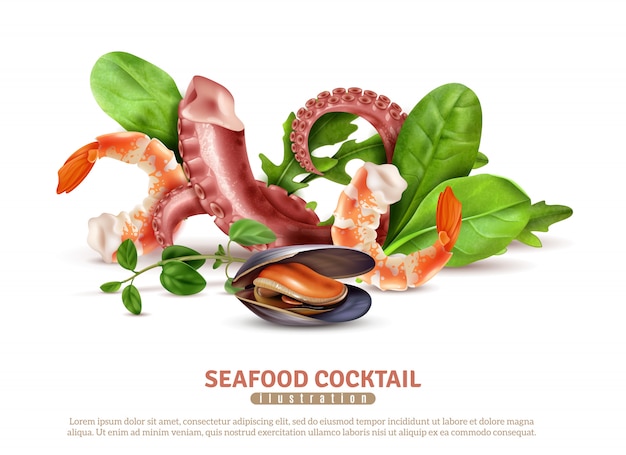 Apetitoso marisco cocktail ingredientes closeup composição realista cartaz com camarão polvo tentáculos mexilhão folhas de manjericão