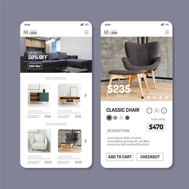 Vetor grátis aplicativo de compras de móveis