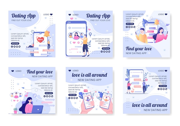 Aplicativo de namoro para uma correspondência de amor ig post modelo ilustração de design plano editável de fundo quadrado adequado para mídia social ou cartão de cumprimentos dos namorados