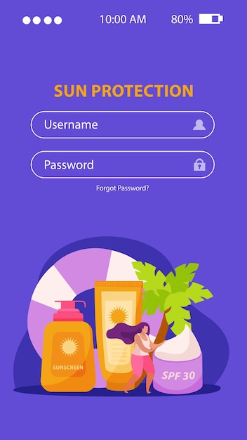 Aplicativo móvel plano de proteção solar para cuidados com a pele com campos de login e imagens de cremes de proteção com texto