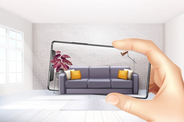 Vetor grátis aplicativos de aplicativos interiores de realidade virtual aumentada para smartphones que escolhem a experiência do sofá para a composição realista da tela de toque