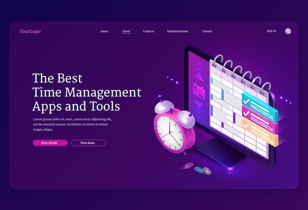 Vetor grátis aplicativos e ferramentas de gerenciamento de tempo página de destino isométrica, área de trabalho do computador com planejador ou calendário na tela e despertador, software para pc para organização do trabalho, planejamento e controle web banner 3d