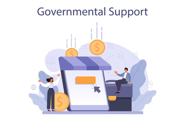 Apoio governamental Empréstimo bancário empresarial de um governo Procedimento de apoio à empresa Subsídio salarial de seguro de crise para empregado de negócios Ilustração vetorial plana