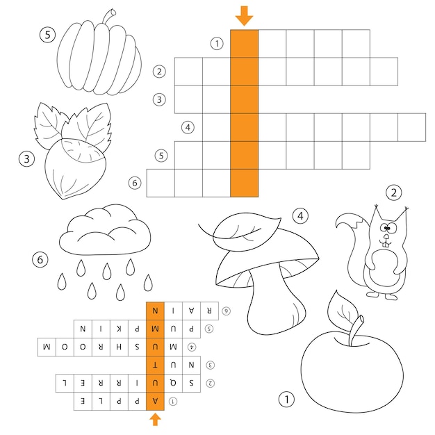 Aprenda inglês - jogo de palavras de outono para crianças. vetor. palavras cruzadas para crianças. tarefa e resposta. livro de colorir para crianças em idade pré-escolar e escolar