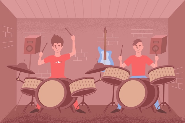 Vetor grátis aprendendo composição plana de percussão com cenário interno e duas baterias com ilustração de pessoas tocando e alto-falantes