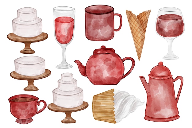 Vetor grátis aquarela de ilustração de bule, copo, bolo, chá, chaleira e outros