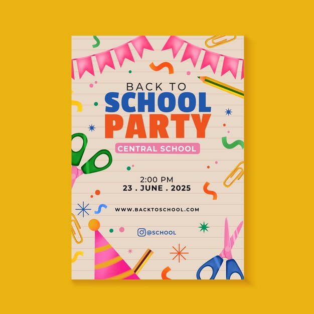 Aquarela de volta ao modelo de cartaz de festa escolar com estamenha e material escolar