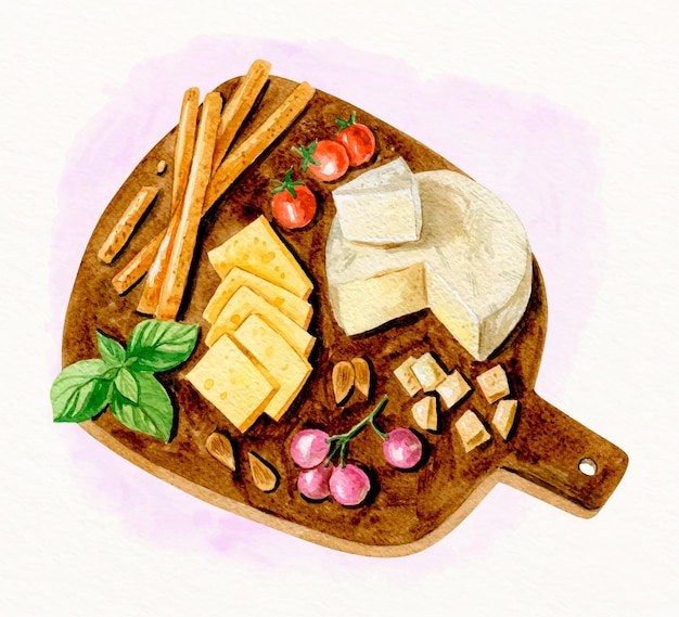 Aquarela deliciosa tábua de queijo
