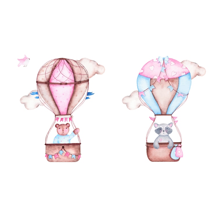 Vetor grátis aquarela é chá de bebê menino com balão fofo com guaxinim de urso
