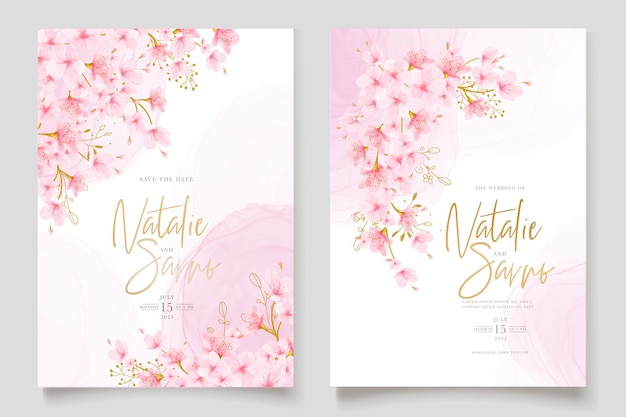 Vetor grátis aquarela flor de cerejeira floral e folhas conjunto de cartão