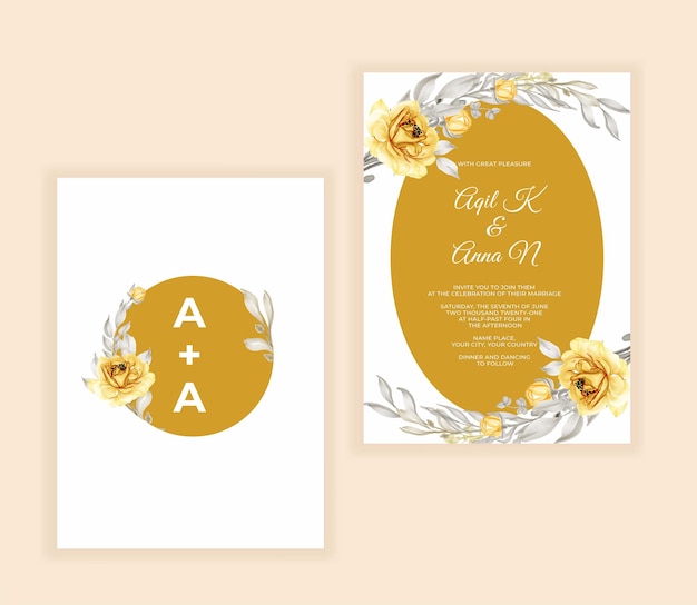 Aquarela floral e folhas de convite de casamento amarelo