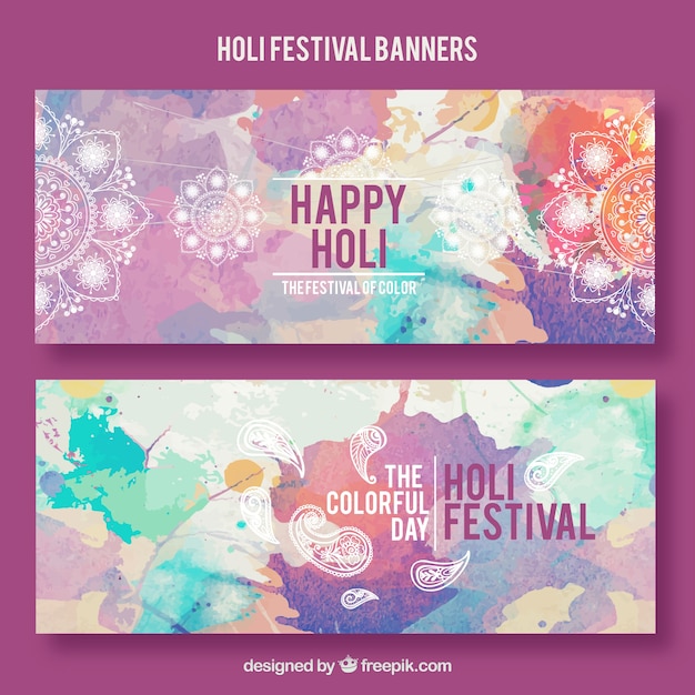 Aquarela holi banners festival com mandala