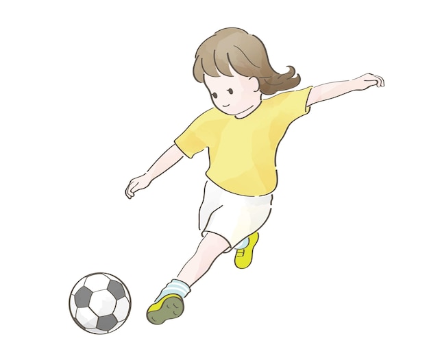 Aquarela linda garota jogando futebol ilustração vetorial isolado em um fundo branco