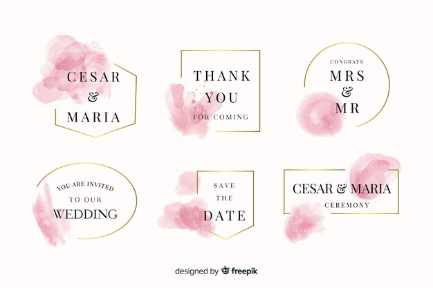 Aquarela manchas coleção de distintivos de casamento