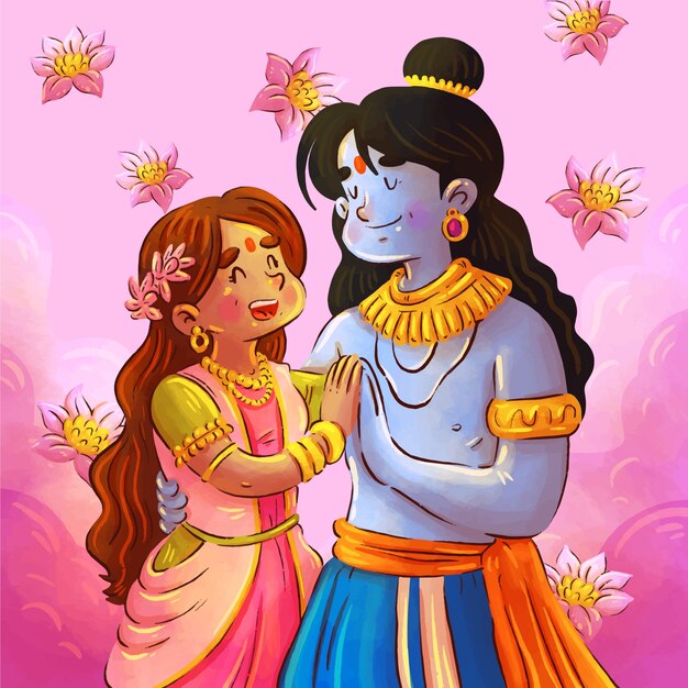 Aquarela Radha e Krishna ilustração.