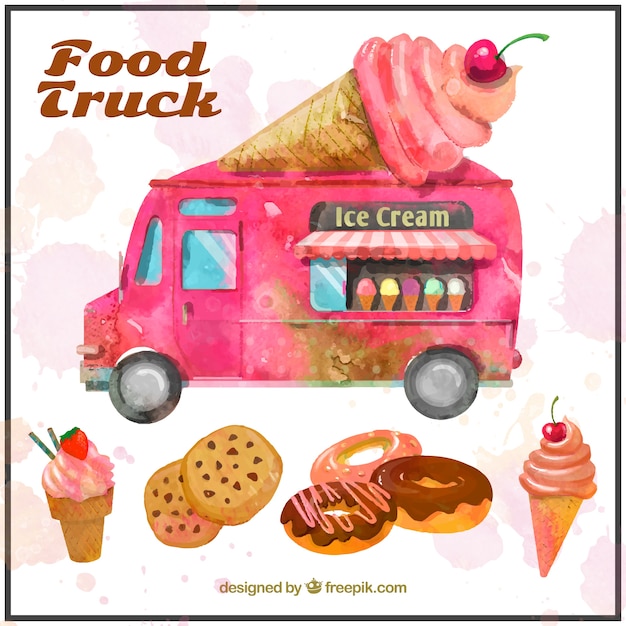 Aquarela rosa caminhão de alimentos gelados