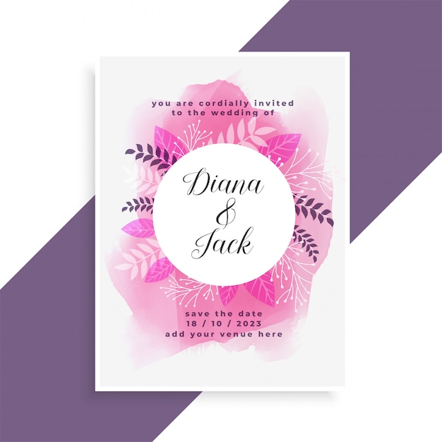Aquarela rosa elegante e folhas design de cartão de casamento