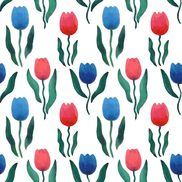 Aquarela sem costura padrão com tulipas em uma ilustração vetorial de fundo branco Vetor Premium