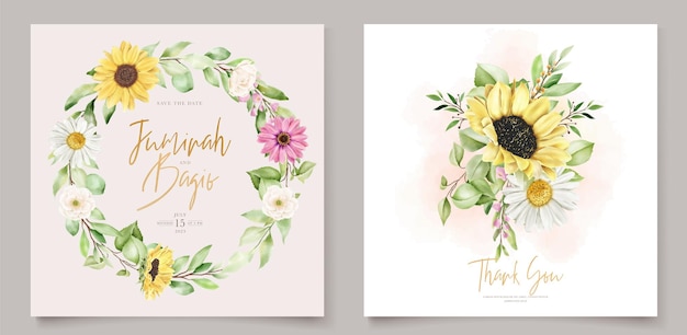 Aquarela sol flor e margarida conjunto de cartão de convite de casamento