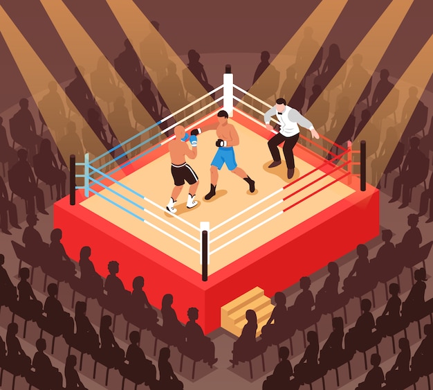 Vetor grátis Árbitro e lutadores durante luta de boxe no anel e silhuetas de ilustração isométrica de espectadores