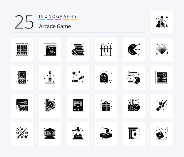 Arcade 25 solid glyph icon pack incluindo jogo pacman games hockey bar