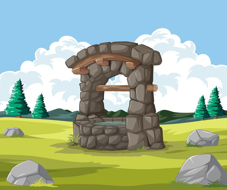 Vetor grátis arco de pedra encantado na paisagem pastoral