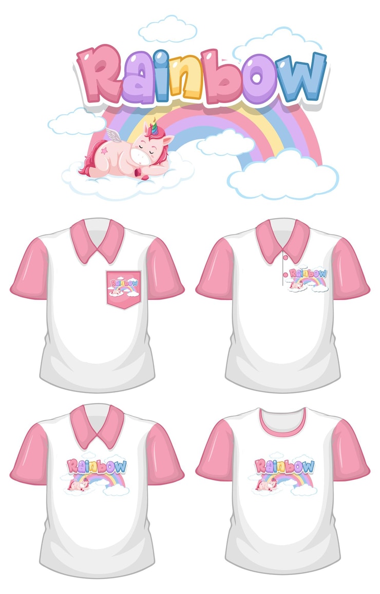Vetor grátis arco-íris com logotipo de unicórnio e um conjunto de diferentes camisas brancas com mangas curtas rosa isoladas no branco