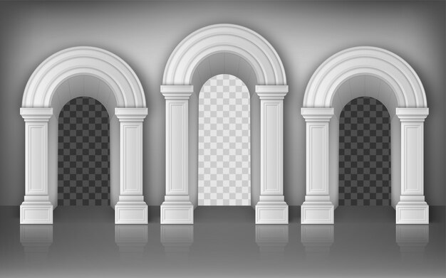 Arcos com colunas brancas na parede, portões interiores