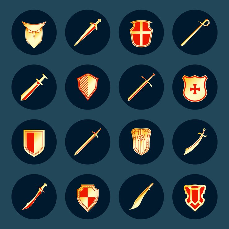 Vetor grátis arma de cavaleiro antigo espadas militares e guerreiro de aço escudos redondos isolados